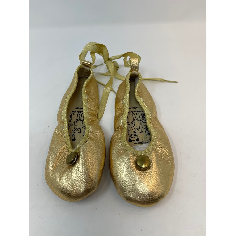 Bear Feet Ballet Flats Kids Size 12 Gold Excellent Metallic Leather Ribbon Tie